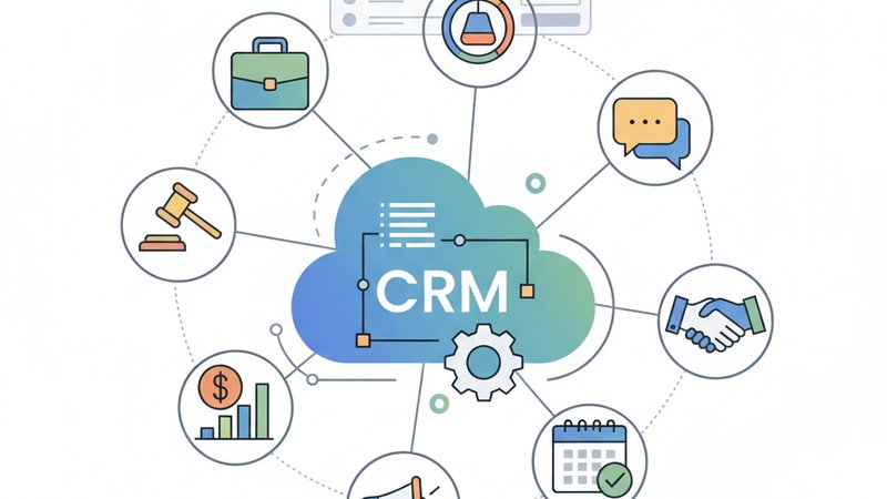 Современная иллюстрация для статьи о CRM-системах для малого бизнеса и юридических консультаций.